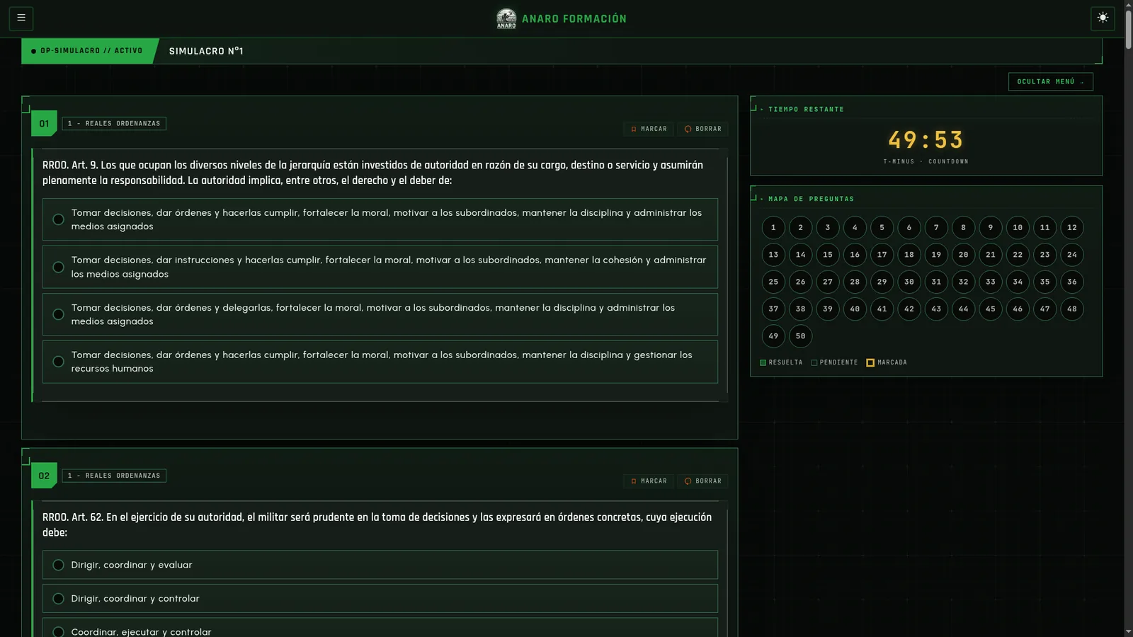 Examen en curso con cronómetro en la plataforma ANARO Formación